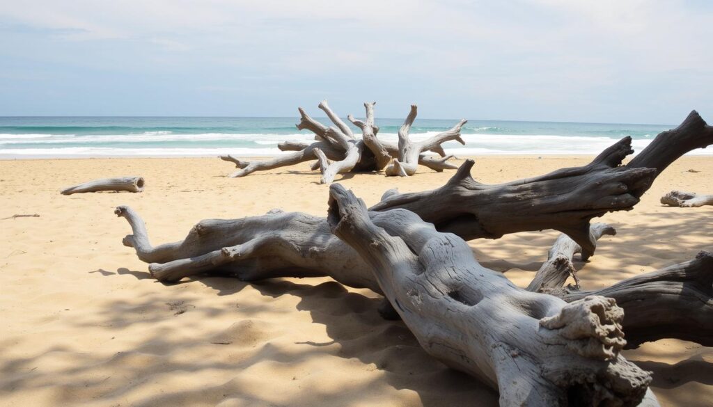 A sun-dappled beach, scattered with weathered, driftwood pieces, their gnarled textures and organic forms casting intriguing shadows across the fine, golden sand. In the middle distance, a cluster of these majestic, beach-combed logs lie haphazardly, their sun-bleached surfaces smooth and silvered by the relentless caress of wind and waves. The background features a tranquil, azure ocean, its horizon line blending seamlessly with the soft, clouded sky above. The overall scene conveys a sense of natural beauty, solitude, and the timeless cycle of the elements.