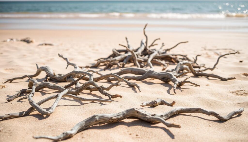 A sun-dappled beach, strewn with weathered, driftwood-like branches artfully arranged, their twisted forms casting intricate shadows across the smooth, sun-bleached sand. In the foreground, a selection of these bois flottés, their varied textures and hues - from silvery-gray to warm, earthy tones - inviting closer inspection. The middle ground features a carefully curated arrangement, showcasing the organic beauty and natural appeal of these found treasures. The background gently fades into a serene, azure horizon, evoking a sense of tranquility and the timeless cycle of the tides. Soft, diffused lighting illuminates the scene, highlighting the tactile, time-worn qualities of the bois flottés.