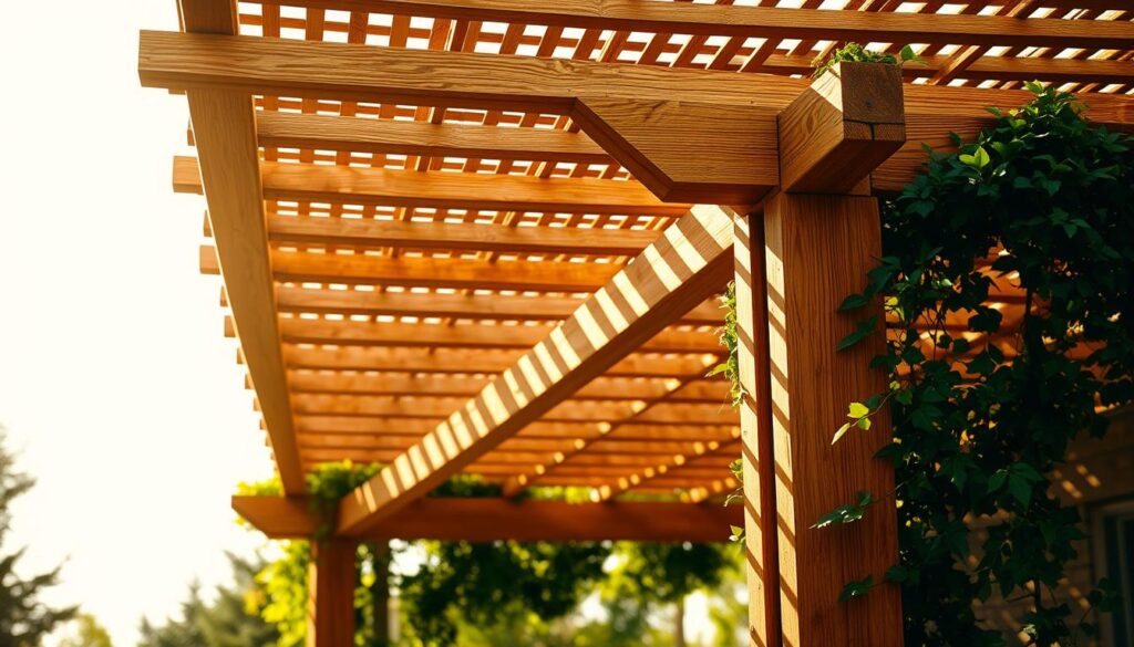 A sun-dappled wooden pergola, its sleek, minimalist structure complementing the flat roofline. The latticed beams cast intricate shadows, creating a sense of warmth and natural elegance. The scene is bathed in soft, golden light, lending a cozy, inviting atmosphere. Lush greenery crawls along the pergola's edges, adding a touch of lush, verdant charm. The overall composition evokes a peaceful, tranquil outdoor space, perfect for relaxation and al fresco dining. Crisp, high-definition photography showcases the meticulous craftsmanship and attention to detail in the pergola's construction.