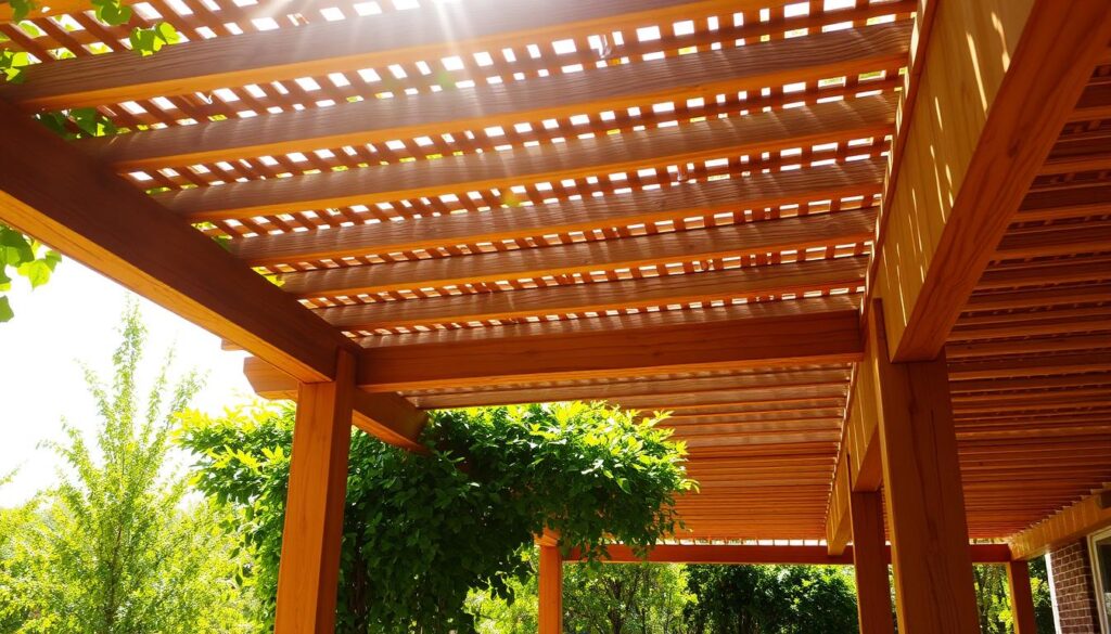A sun-dappled wooden pergola set against a backdrop of lush greenery. The structure features intricate latticework and sturdy, natural-toned beams, creating a charming, rustic ambiance. Sunlight filters through the overhead slats, casting a warm, inviting glow. The foreground showcases the detailed craftsmanship, with the wood grain and texture clearly visible. In the middle ground, the pergola is surrounded by verdant foliage, hinting at a serene, garden-like setting. The background blends softly into a hazy, atmospheric landscape, conveying a sense of tranquility. The overall composition evokes a peaceful, outdoor living space perfect for relaxation and entertainment.