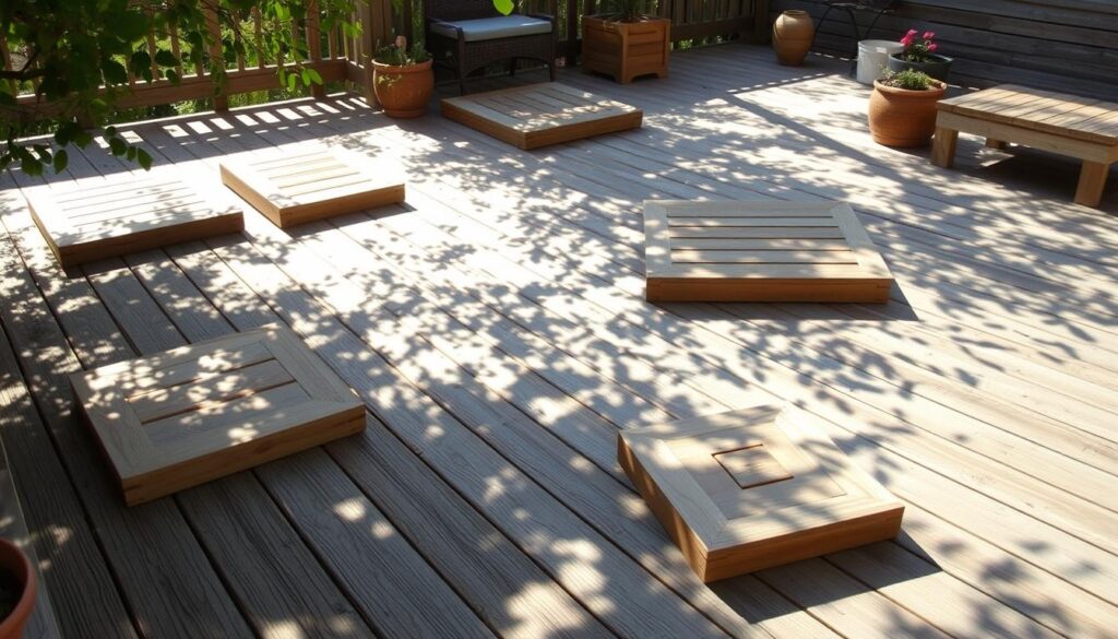 A sun-dappled wooden terrace, its surface dotted with varied wooden plots of different shapes and sizes, creating a harmonious and practical outdoor living space. The plots are made of weathered, natural-toned wood, seamlessly blending with the surrounding wooden deck boards. Warm, gentle lighting filters through the overhead foliage, casting soft shadows and highlighting the textural details of the wooden elements. The scene exudes a sense of rustic charm and inviting ambiance, perfectly suited for the "Les différents types de plots pour terrasse bois" section of the article.