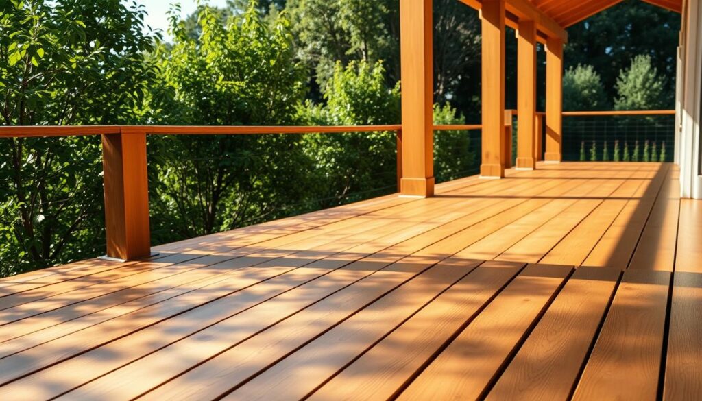 A sunlit wooden deck, its planks gleaming with a rich, warm finish. Prominently featured, a series of sturdy wooden posts, expertly crafted and evenly spaced, supporting the deck's structure. The posts rise from a foundation of square, recessed concrete plots, blending seamlessly with the natural wood tones. Lush greenery frames the scene, creating a peaceful, inviting ambiance. A wide-angle lens captures the full expanse of the deck, showcasing its elegant, practical design. Soft, diffused lighting bathes the entire composition in a golden glow, accentuating the wood's natural beauty. This idyllic outdoor living space embodies the advantages of using quality wooden plots to construct a durable, visually appealing terrace.