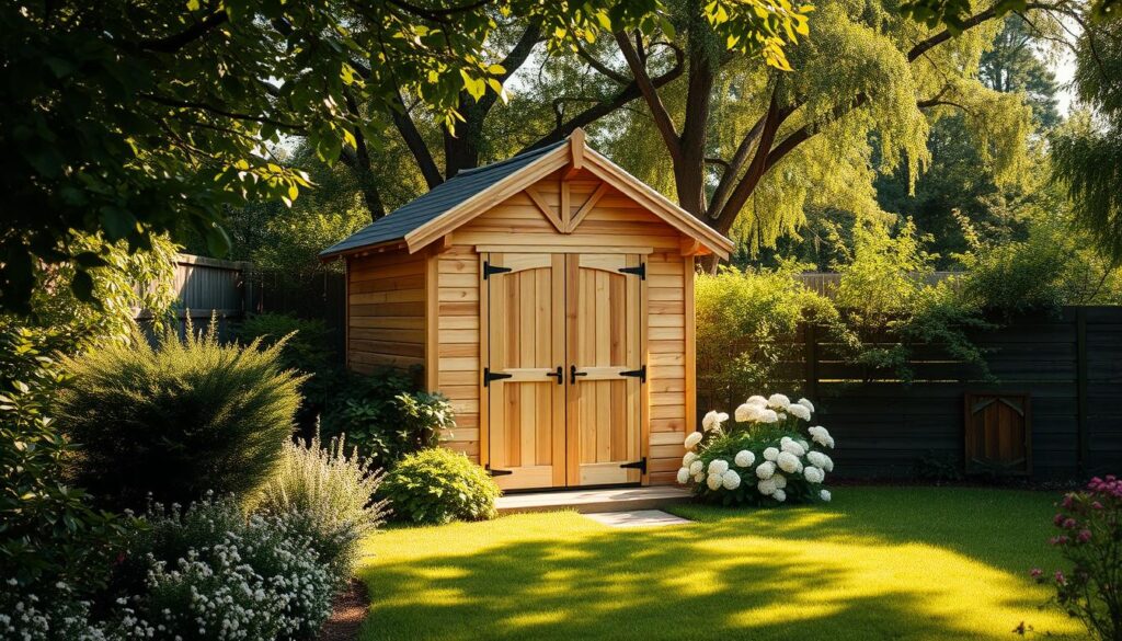 A sunlit wooden garden shed nestled in a lush, verdant backyard. The structure features a gable roof, natural wood panels, and a double-door entryway. Surrounding it are verdant shrubs, blossoming flowers, and a gentle, meandering path. Soft, diffused light filters through a canopy of trees, casting warm, golden hues across the scene. The overall atmosphere is one of tranquility, inviting the viewer to imagine a peaceful moment of respite in this idyllic outdoor retreat.