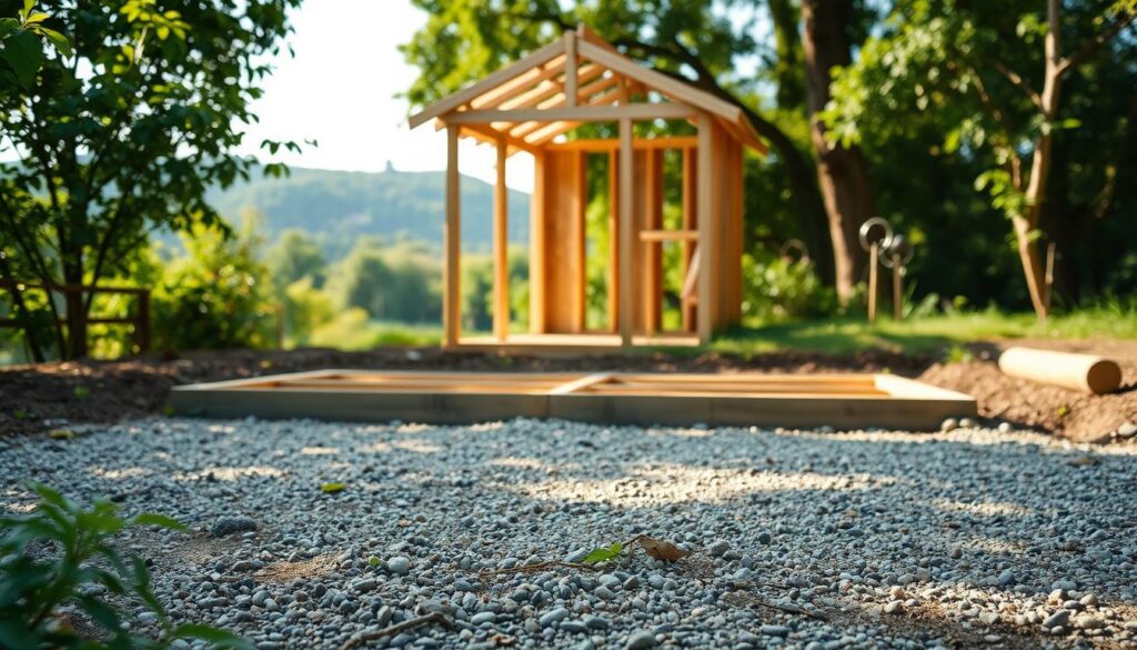 A tranquil garden scene, showcasing a well-designed foundation for a small wooden shed. In the foreground, the foundation stands sturdy, with a seamless blend of concrete and gravel, providing a stable base. In the middle ground, the wooden frame of the shed rises, its natural textures complementing the lush greenery of the surrounding foliage. The background features a serene landscape, with a hint of a rolling hillside or distant trees, creating a sense of peaceful seclusion. Soft, natural lighting filters through, casting warm shadows and highlighting the details of the construction. The overall composition conveys a sense of harmony between the practical considerations of the foundation and the idyllic, natural setting.