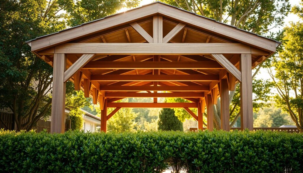 A visually striking carport with a rustic wooden design, nestled against a neatly trimmed hedge in a serene outdoor setting. Warm sunlight filters through the carport's A-frame structure, casting gentle shadows across the smooth, weathered timber. The carport's clean lines and simple elegance are complemented by the lush, verdant foliage surrounding it, creating a harmonious and inviting atmosphere. A mid-shot angle captures the carport's scale and integration within the landscape, showcasing its versatility as a functional and aesthetically pleasing architectural element.