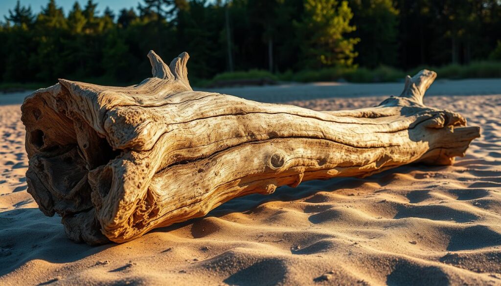 A weathered and driftwood-like log rests peacefully on a sun-dappled sandy beach, its gnarled textures and organic forms casting captivating shadows. The warm, golden lighting bathes the scene in a serene and natural ambiance, highlighting the log's unique grain patterns and worn, sun-kissed surface. In the distance, a lush, verdant forest frames the composition, creating a harmonious contrast between the rugged driftwood and the lush, untamed greenery. The image conveys a sense of tranquility and the timeless beauty of nature's reclaimed treasures.