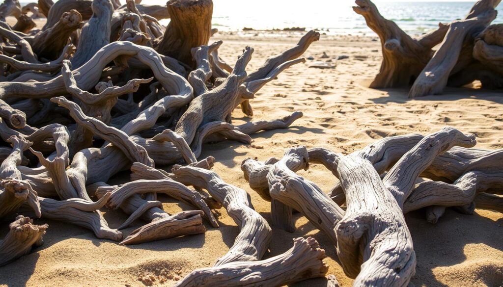 A weathered driftwood collection on a sun-dappled beach, the salt-worn textures and organic curves casting intriguing shadows. In the foreground, a varied assortment of gnarled, twisted pieces in muted tones of gray, tan, and amber. The mid-ground showcases larger, more sculptural forms jutting from the sand, while the background reveals a tranquil ocean horizon bathed in a soft, golden light. The overall scene evokes a sense of natural beauty, timelessness, and the dynamic interplay between land and sea.