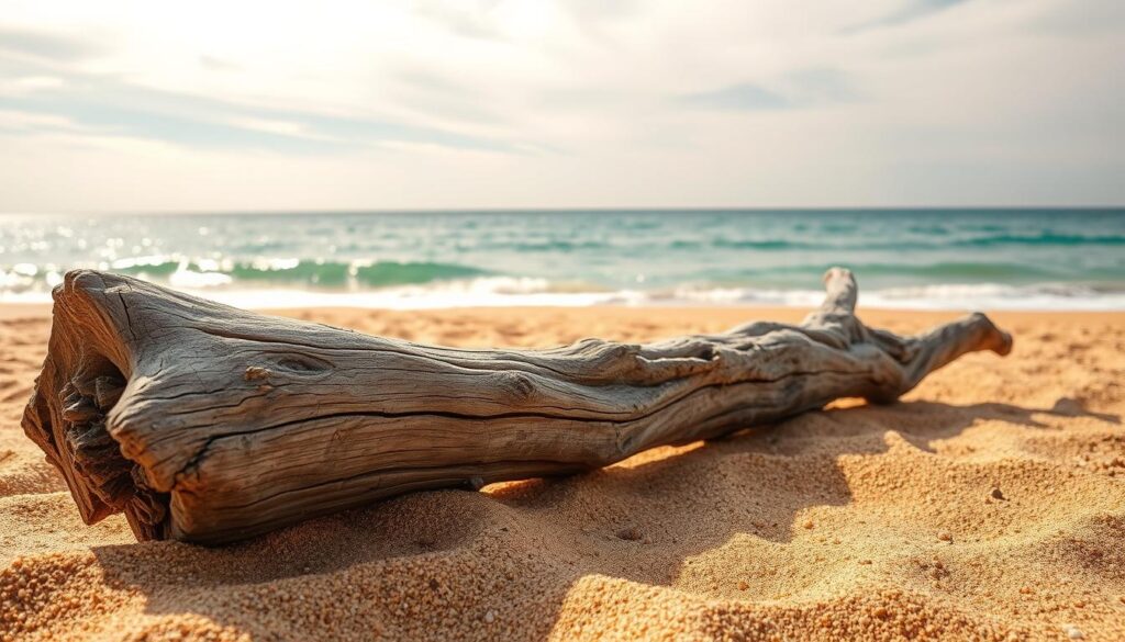 A weathered driftwood log, sun-bleached and sculpted by the elements, lies peacefully on a sandy beach. The rough, organic texture of the wood contrasts with the smooth, golden grains of sand that surround it. Soft, diffused sunlight filters through wispy clouds, casting gentle shadows and highlights that accentuate the driftwood's natural forms. In the distance, the tranquil, azure waters of the ocean gently lap against the shore, completing the serene, coastal landscape. This image captures the essence of "bois flotté" - the captivating beauty and tranquility of driftwood, a natural treasure washed ashore.