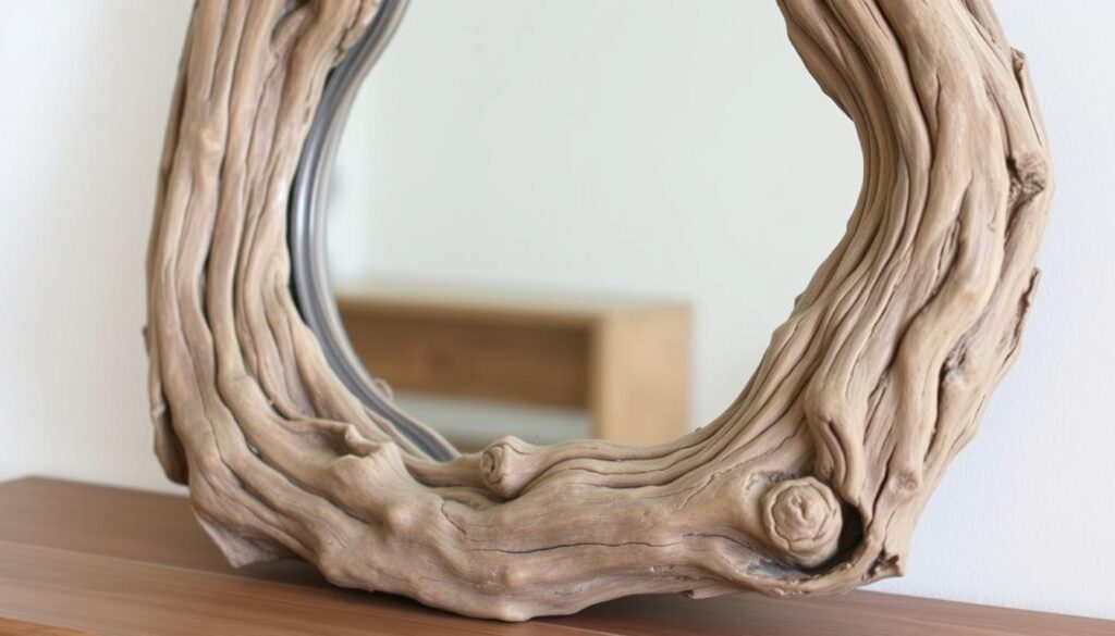 A weathered driftwood mirror frame, its natural grooves and knots accentuated by soft, diffused lighting. The mirror's reflective surface captures the surrounding environment, creating a serene, rustic ambiance. Positioned on a wooden surface, perhaps a table or shelf, the mirror blends seamlessly with its surroundings, evoking a sense of tranquility and connection to the natural world. The composition showcases the charm and character of the driftwood, highlighting its unique, organic texture and irregular shape. The overall scene conveys a sense of simplicity, warmth, and a touch of coastal charm, perfectly suited to illustrate the step-by-step tutorial for crafting a driftwood mirror.