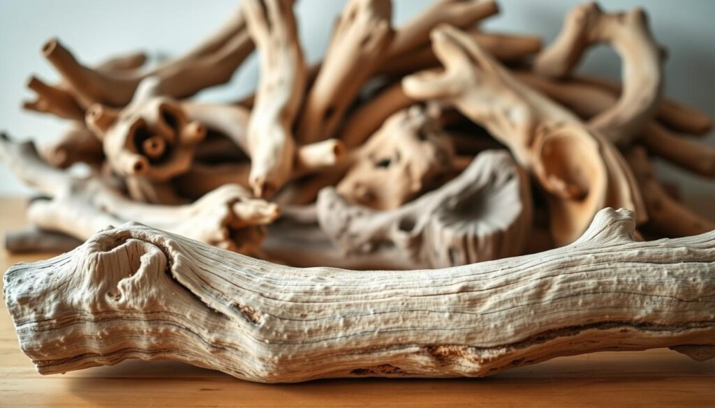 A weathered, driftwood-textured log lies prominently in the foreground, its natural curves and knots illuminated by soft, diffused lighting. The mid-ground features an assortment of additional driftwood pieces, each with its own unique character and shape, arranged in a visually pleasing, organic composition. The background is blurred, allowing the focus to remain on the captivating textures and forms of the driftwood. The overall scene conveys a sense of rustic charm and natural beauty, perfectly suited for a decorative project using found driftwood.