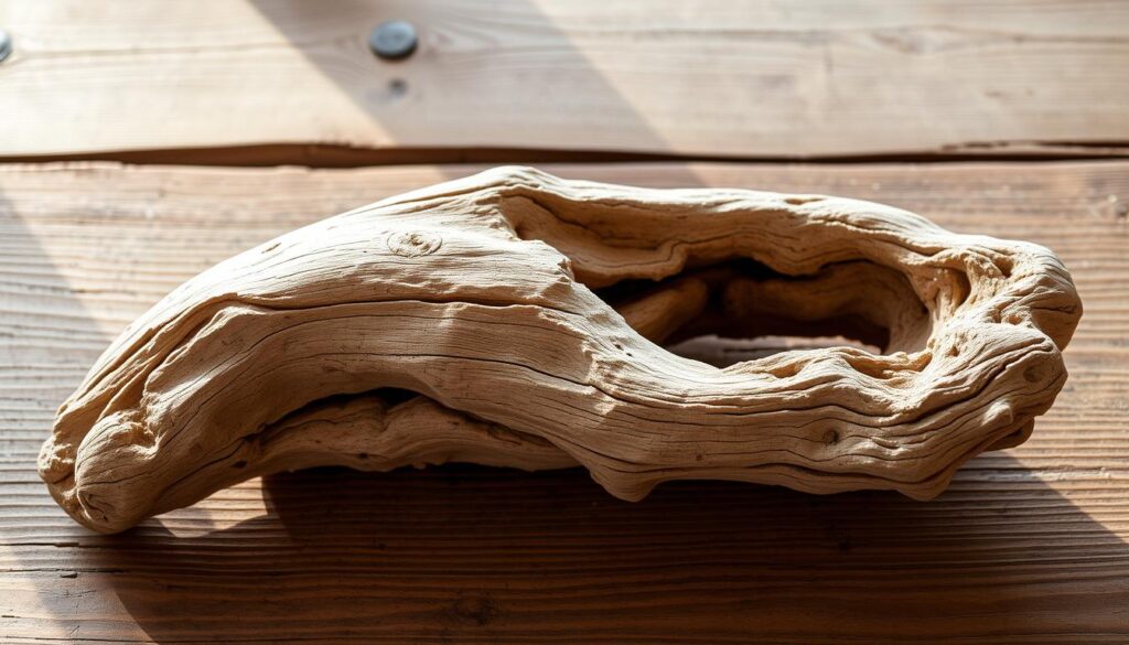 A weathered piece of driftwood with a natural, organic shape, resting on a rustic wooden surface. The wood is a warm, earthy tone, with intricate textures and patterns created by the elements. The lighting is soft and diffused, casting gentle shadows that accentuate the wood's unique features. The image evokes a sense of timelessness and a connection to the natural world, capturing the charm and beauty of driftwood décor in a tranquil, minimalist setting.