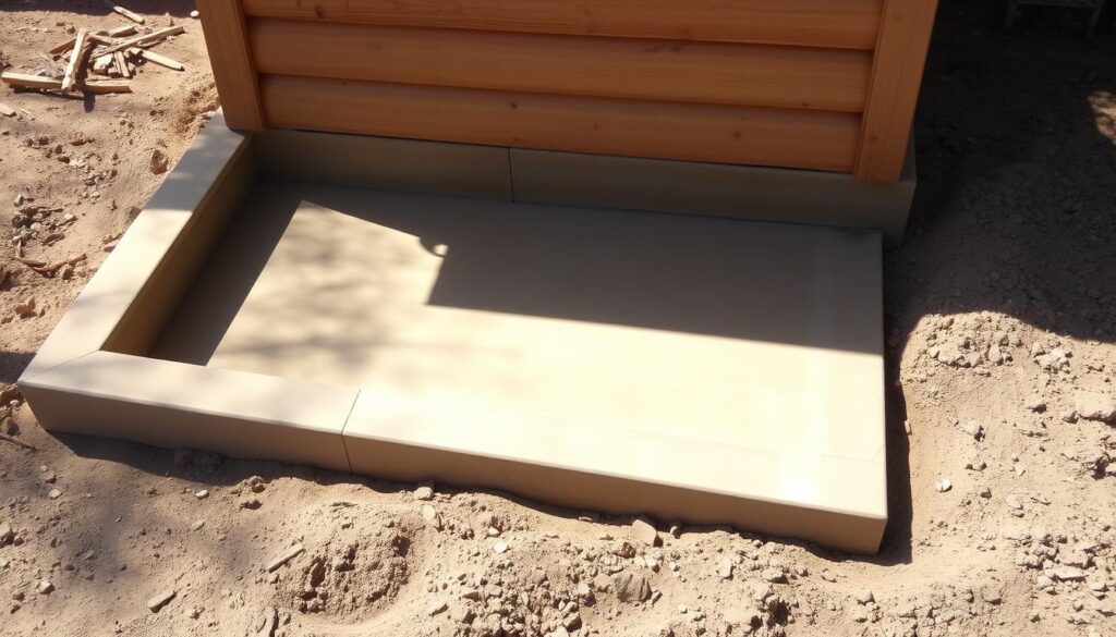A well-constructed concrete foundation for a small garden shed, firmly set into the ground, with clean lines and a sturdy appearance. The foundation is rectangular in shape, with a smooth, level surface, and the edges are neatly finished. The concrete is a warm, earthy tone that complements the natural surroundings. Sunlight casts soft shadows across the foundation, highlighting its solidity and attention to detail. The image conveys a sense of stability, durability, and thoughtful planning, perfectly suited to support a charming wooden garden shed.