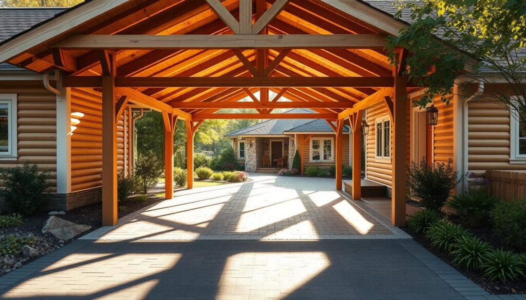 A well-constructed wooden carport stands adjacent to a cozy cottage, its angled roof and sturdy beams casting warm shadows across a neatly paved driveway. The structure is expertly integrated into the home's architecture, creating a seamless, aesthetically pleasing transition between the indoor and outdoor spaces. Soft, diffused natural light filters through the carport's openings, illuminating the carefully selected wooden materials and highlighting their natural grain and texture. The overall scene conveys a sense of rustic elegance, inviting the viewer to imagine the practical benefits and charm of this thoughtfully designed carport adossé.