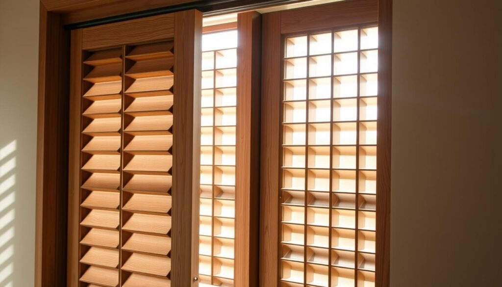 A well-crafted, rustic wooden sliding shutter system, featuring elegantly beveled panels that glide smoothly along a sleek, minimalist track. The warm, natural wood grain patterns create a cozy, inviting ambiance, complementing the architectural style of the home. Soft, diffused sunlight filters in through the slatted panels, casting a gentle, atmospheric glow throughout the space. Thoughtfully designed with a focus on functionality and aesthetic harmony, these sliding shutters embody the charm and practicality of traditional craftsmanship, perfectly suited for enhancing the comfort and character of any living space.