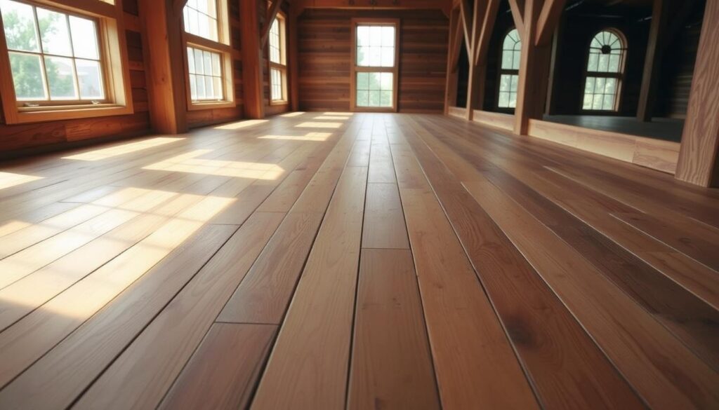 A well-crafted wooden floor, its planks laid perpendicular to exposed wooden beams, creating a sturdy and visually appealing solivage structure. The boards have a warm, natural hue, their grain and texture visible, suggesting high-quality construction. Diffused natural light filters through large windows, casting a soft, even illumination across the scene. The perspective is slightly elevated, allowing the viewer to appreciate the intricate interplay of the floor and supporting beams. The overall atmosphere exudes a sense of rustic elegance and attention to craftsmanship, perfectly suited for the subject of "Different Types of Wooden Floors on Exposed Beams."