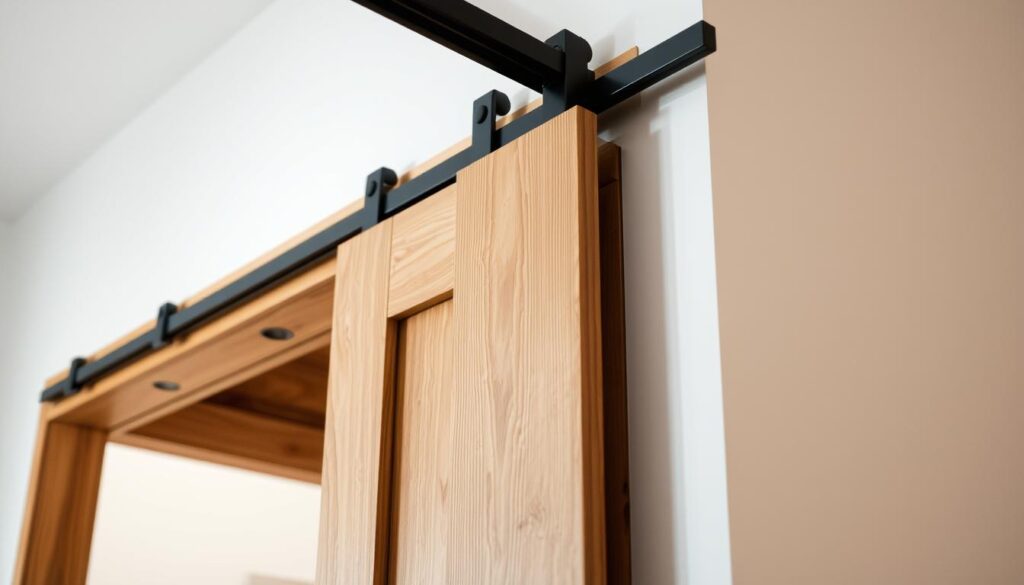 A well-crafted wooden sliding system, its smooth-sliding panels precisely measured to fit the opening. The warm, natural grain of the wood contrasts with the sleek metal hardware, creating a harmonious blend of rustic charm and modern functionality. Soft, diffused lighting gently illuminates the scene, highlighting the careful attention to detail in the construction. The system is pictured from an angle that showcases its elegant, minimalist design, inviting the viewer to imagine how it would seamlessly integrate into a cozy, welcoming interior space.