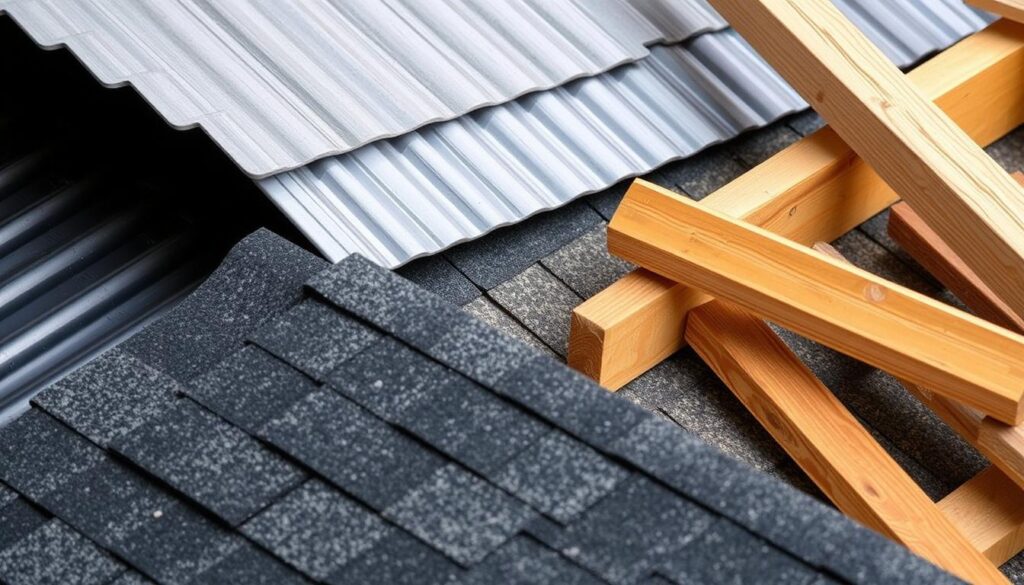 A well-lit, detailed image of various roofing materials for a carport, including corrugated metal sheets, asphalt shingles, and wooden beams, arranged in a visually appealing composition. The materials should be shown with realistic textures, colors, and lighting, creating a sense of depth and materiality. The overall scene should convey a practical, functional, and aesthetically pleasing selection of materials suitable for constructing a carport, aligning with the article's subject and section title.
