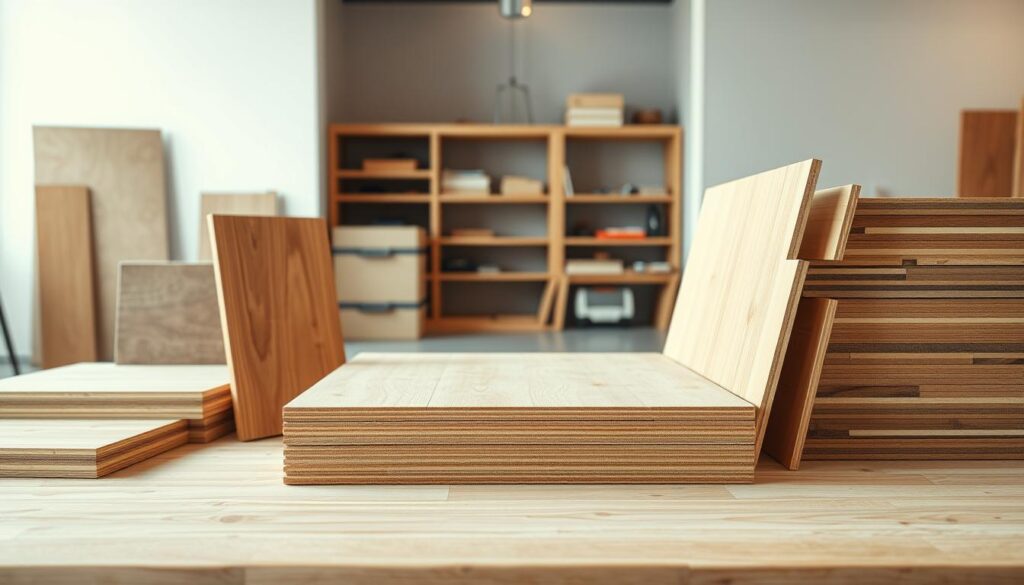 A well-lit, detailed image of various types of wood-derived panels for a raised platform or stage. The foreground features a collection of smooth, high-quality wood panels in different grains and textures, such as plywood, particle board, and engineered wood. The middle ground showcases the panels propped up to display their thickness and structural integrity. In the background, a neutral, softly-lit studio or workshop setting provides context, with clean and organized shelving or storage units visible. The overall mood is one of professional craftsmanship, highlighting the versatility and suitability of these wood-derived materials for constructing a sturdy, high-quality raised platform or stage.