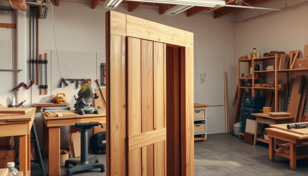 A well-lit, detailed workshop setting with a large wooden sliding shutter in the foreground, positioned at an angle to showcase the internal construction. The shutter is made of natural, weathered wood planks with visible grain. In the middle ground, various woodworking tools and materials are neatly arranged, including a miter saw, clamps, and wood stain. The background features a clean, organized workspace with pegboards, shelves, and other workshop accoutrements. The lighting is warm and natural, casting gentle shadows that accentuate the texture and craftsmanship of the shutter. The overall atmosphere conveys a sense of precision, focus, and the satisfaction of hands-on woodworking.