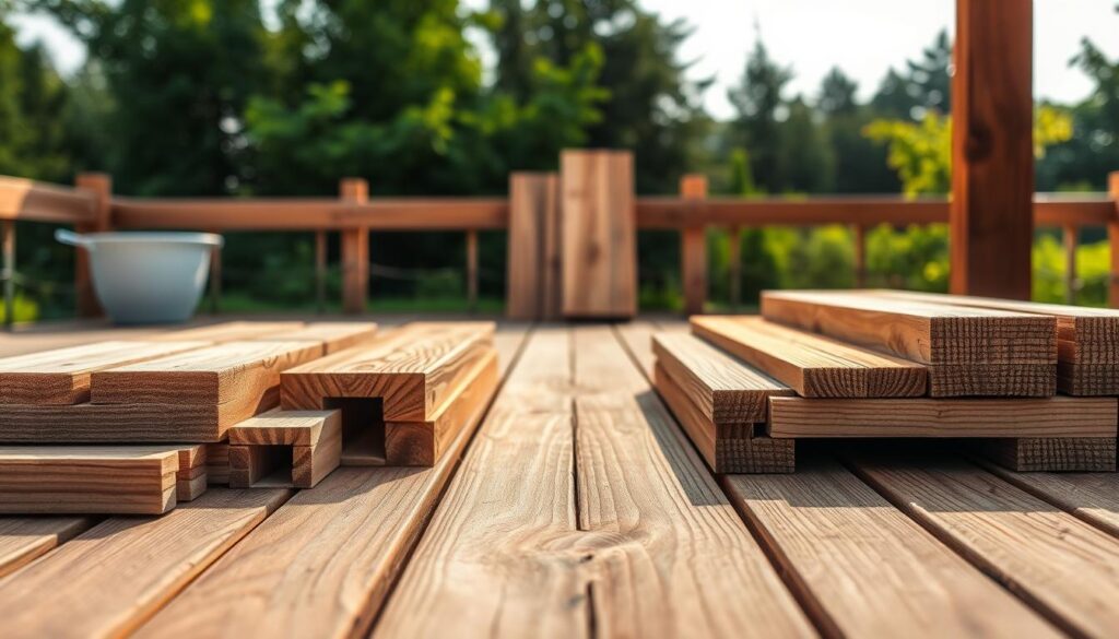 A well-lit, high-resolution image showcasing the essential materials for a wooden terrace on plots. In the foreground, an assortment of pressure-treated wooden plots, joist supports, and screws are neatly arranged. In the middle ground, several lengths of wooden boards, both smooth and textured, are visible. The background depicts a serene outdoor setting, with lush greenery and a warm, natural lighting that casts soft shadows, emphasizing the rustic, earthy tones of the materials. The overall composition conveys a sense of organization, attention to detail, and a focus on the practical yet visually appealing aspects of the terrace construction process.