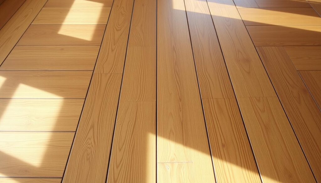A well-lit wooden floor, showcasing the natural beauty of the grain and texture. The planks are in a warm, rich tone, arranged in a classic herringbone pattern that adds visual interest. The lighting casts gentle shadows, highlighting the depth and contours of the wood. The overall scene exudes a sense of rustic elegance, suitable for a cozy, inviting living space. The camera captures the scene at a medium angle, providing a comprehensive view of the floor's features while maintaining a balanced and harmonious composition.