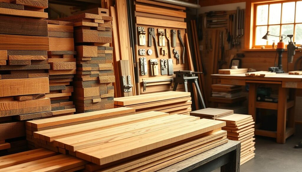 A well-lit workshop scene showcasing an array of high-quality woodworking materials for sliding shutters. In the foreground, an assortment of carefully selected cedar and oak planks in various lengths and thicknesses. Stacked neatly, their natural grains and textures catch the warm, directional lighting. In the middle ground, a collection of brass hinges, smooth-running sliding mechanisms, and precision measuring tools. The background reveals a workbench with a vise and other necessary tools, suggesting a functional and professional setup for crafting custom sliding shutters. An atmosphere of craftsmanship and attention to detail pervades the scene.