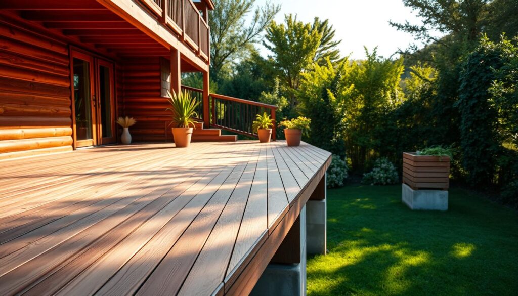 A wooden deck elevated on concrete blocks, bathed in warm afternoon sunlight. The boards are neatly arranged, their rich grain and natural texture inviting tactile exploration. The deck extends outward, offering an expansive view of a lush, verdant garden. Strategically placed potted plants and wooden planters add pops of vibrant greenery, blending the deck seamlessly with its natural surroundings. Soft shadows play across the surface, hinting at the gentle breeze that caresses the scene. The overall impression is one of rustic elegance, a harmonious fusion of man-made and natural elements that create an inviting, peaceful outdoor oasis.