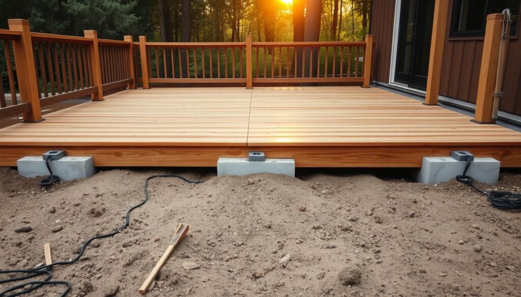 A wooden deck resting on sturdy concrete plots, the sun's warm glow filtering through the trees. The wooden beams and boards, meticulously arranged, create a seamless and inviting surface. In the foreground, the ground is leveled and prepared, ready to support the structure. Muted earthy tones blend with the natural hues of the wood, conveying a sense of rustic charm. The image captures the essence of the preparation stage, showcasing the foundation that will soon hold the beautiful wooden terrace.