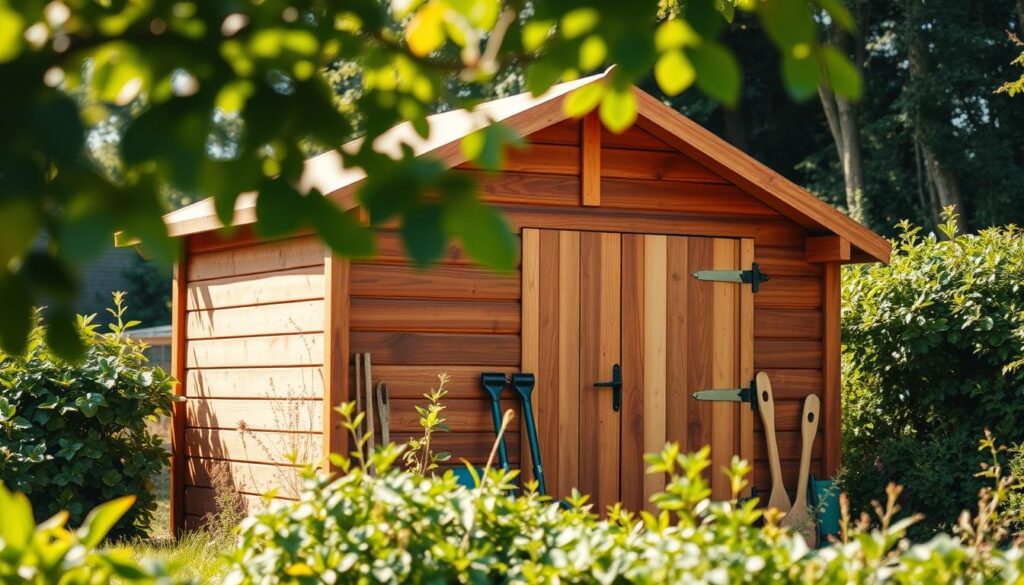 A wooden garden shed nestled in lush greenery, sunlight filtering through the leaves. The structure features a pitched roof, rustic wood panels, and a charming wooden door. The scene evokes a sense of tranquility and retreat, perfect for housing gardening tools and equipment. The shed is positioned in the foreground, with a well-tended garden bed in the middle ground and a soft, blurred background of trees and plants. The lighting is natural and warm, creating a cozy, inviting atmosphere. The entire composition conveys the idea of a practical yet aesthetically pleasing garden structure that blends seamlessly with its natural surroundings.
