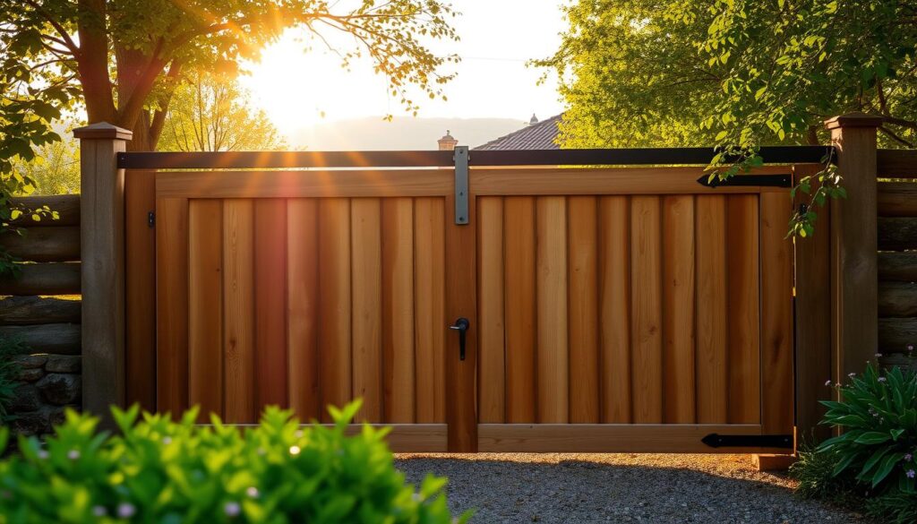 A wooden sliding gate set against a natural backdrop, bathed in warm sunlight filtering through the trees. The gate's smooth, weathered planks create a rustic charm, complemented by sturdy metal hardware that glides effortlessly along the track. The foreground features lush greenery and a well-manicured garden, while the middle ground reveals a quaint country road winding through a serene landscape. Subtle shadows and highlights accentuate the wood's texture, conveying a sense of craftsmanship and durability. The overall atmosphere is one of tranquility and timeless appeal, reflecting the timeless beauty of a wooden sliding gate.