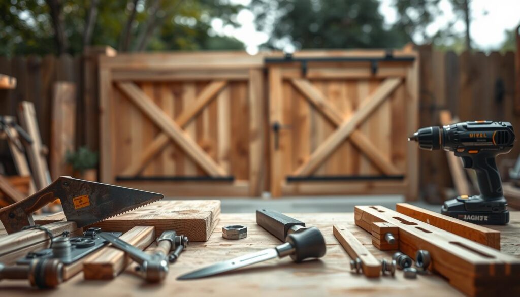 A wooden sliding gate, the focus of the scene. In the foreground, an assortment of woodworking tools neatly arranged: a handsaw, a chisel, a power drill, and a level. The tools are positioned alongside wooden boards and hardware fittings, hinting at the construction process. The middle ground showcases the gate's wooden frame, with its clean, smooth lines and natural grain visible. Soft, diffused lighting illuminates the scene, casting warm shadows and highlighting the tactile textures of the materials. The background fades into a slightly blurred, natural setting, suggesting an outdoor DIY project. The overall mood is one of craftsmanship, practicality, and the pleasure of working with wood.