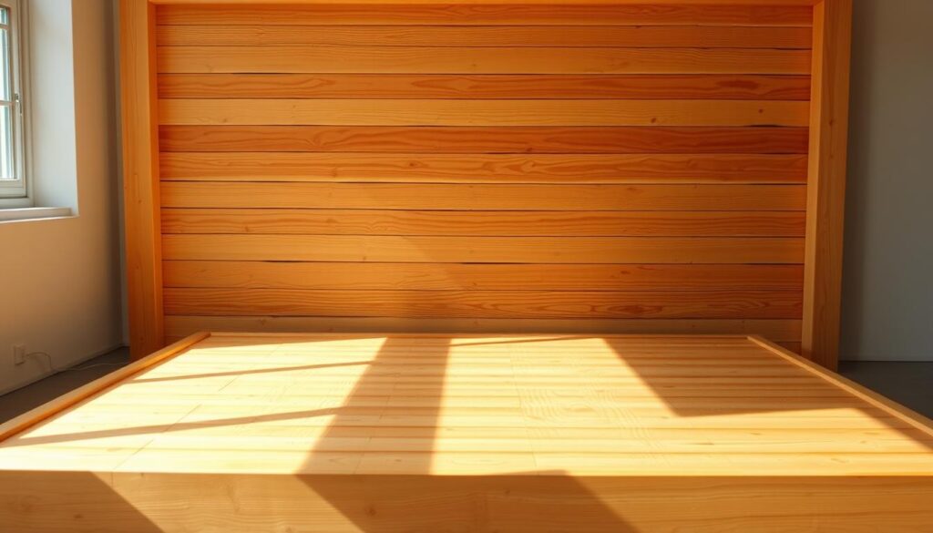 A wooden stage or platform, with a sturdy construction of natural wood planks in a warm, earthy tone. The planks are arranged in a simple, rectangular layout, with clean lines and a smooth, sanded surface. The stage is set in a bright, well-lit environment, with natural light streaming in from the side, casting soft shadows and highlighting the grain and texture of the wood. The overall scene conveys a sense of rustic elegance, suitable for a DIY tutorial on constructing a wooden platform or estrade.