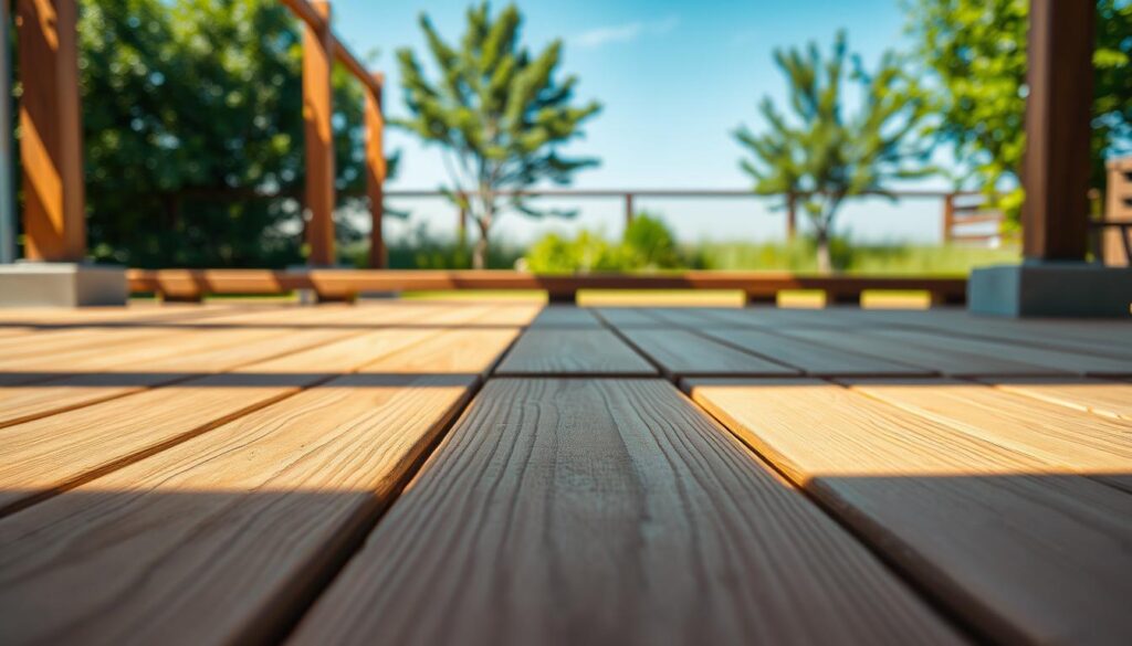 A wooden terrace resting on adjustable concrete piers, with a warm, natural ambiance. The foreground features the sturdy wooden planks, their grain accentuated by the soft, diffused lighting. In the middle ground, the supporting concrete piers blend seamlessly into the overall design, showcasing their versatility and adaptability. The background captures a serene outdoor setting, with lush greenery and a clear, blue sky, creating a sense of tranquility and connection to the natural world. The composition emphasizes the practical and aesthetic harmony of this adjustable, freestanding wooden terrace solution, perfect for a variety of outdoor living spaces.