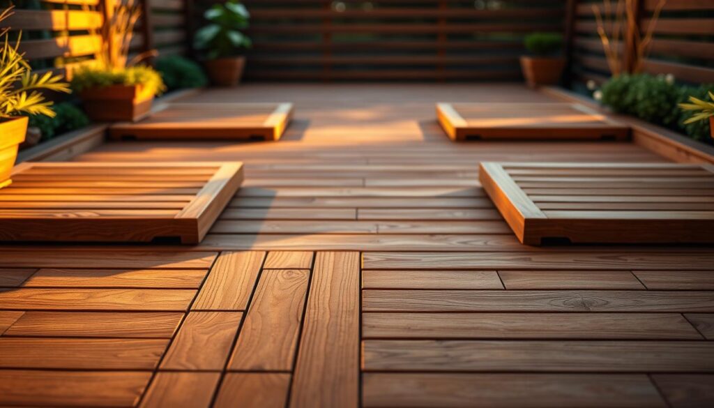 An intricately designed wooden terrace with adjustable plots, illuminated by warm, natural lighting. The plots, crafted with precision, stand in the foreground, their adjustable features allowing for customizable layout and height. The middle ground showcases the intricate wood grain patterns, while the background subtly hints at a serene outdoor setting, perhaps a lush garden or a peaceful vista. The overall atmosphere conveys a sense of tranquility and thoughtful design, perfectly suited for the "Comprendre les Plots Réglables pour Terrasse en Bois" section.