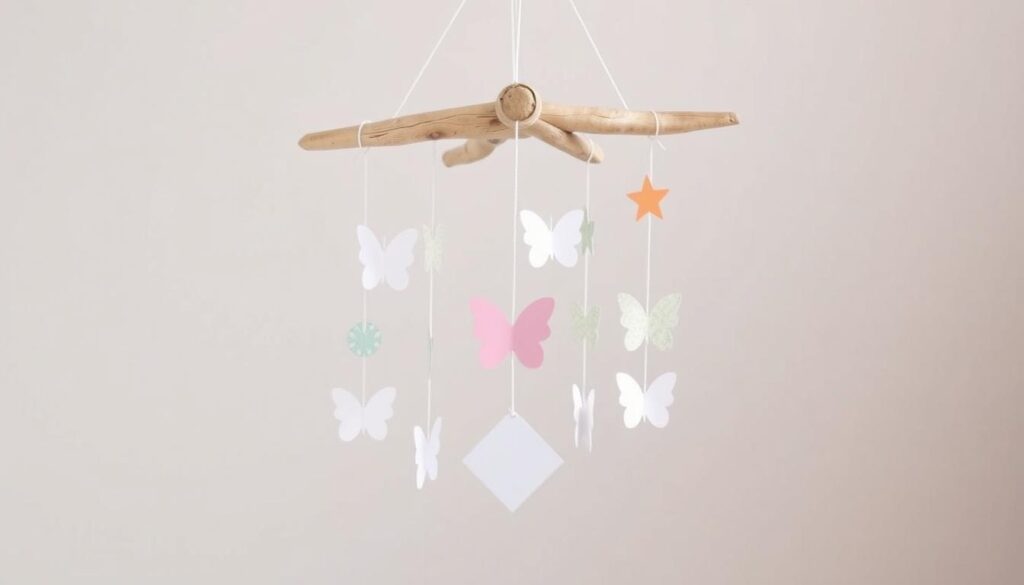 Créez un mobile pour bébé en bois flotté avec des éléments décoratifs en papier pastel
