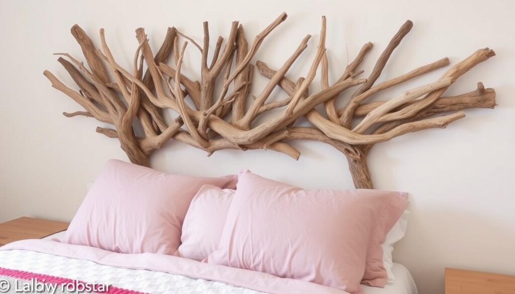 Créez une tête de lit en bois flotté avec des branches de différentes tailles et formes