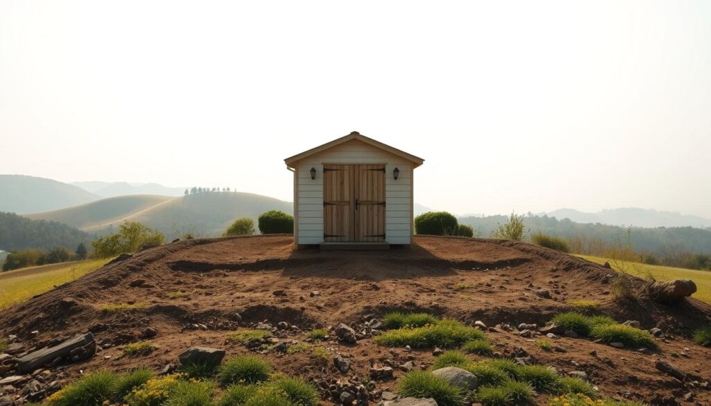 Detailed analysis of a garden shed plot, showcasing the terrain and layout. A wide angle perspective captures the scene, with the shed in the foreground resting on a level, well-drained foundation. The middle ground reveals the surrounding landscape, including gently sloping hills, lush vegetation, and natural textures. The background features a soft, hazy sky with diffused natural lighting, creating a serene and contemplative atmosphere. Emphasis is placed on the importance of carefully evaluating the terrain to ensure a stable and secure placement of the garden shed. Technical details like camera lens, exposure, and angle are adjusted to highlight the key aspects of the scene.