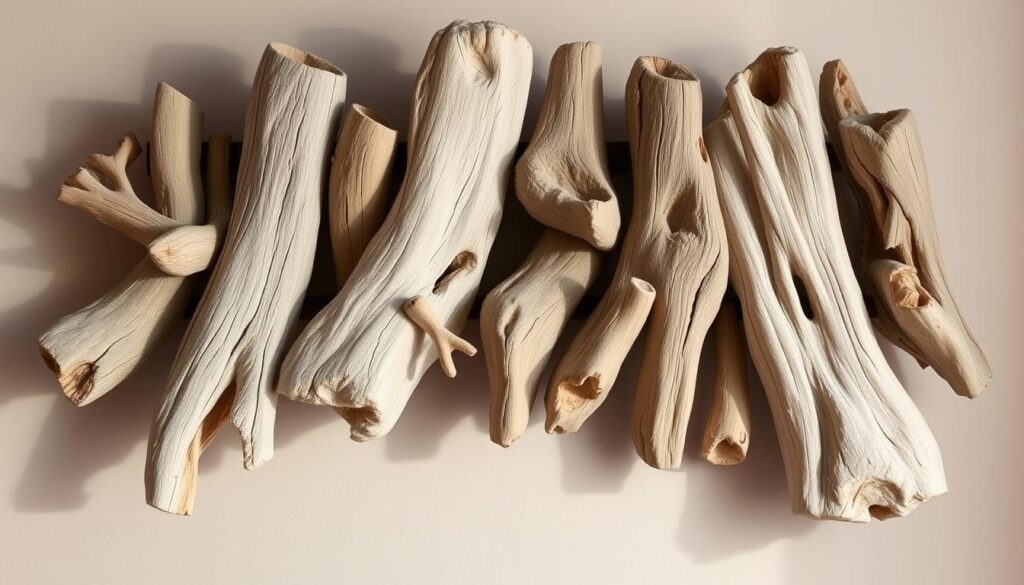Driftwood coat rack materials: An array of weathered, sun-bleached driftwood pieces in varying shapes and sizes, arranged in a captivating composition. Smooth, organic textures and natural hues of grays, tans, and subtle earth tones create a rustic, beach-inspired aesthetic. Warm, directional lighting highlights the unique grain patterns and irregular contours of the wood, casting gentle shadows that add depth and dimension. The display is set against a minimalist, neutral background, allowing the tactile, natural qualities of the materials to take center stage. Streamlined, minimalist design sensibilities evoke a sense of simplicity and calm, perfectly suited for the "Fabriquer un porte‑manteau en bois flotté : Guide pour votre décoration" article.