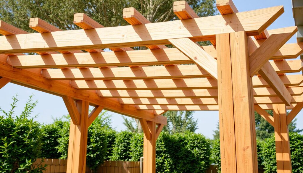 Générez une image de matériaux de construction pour pergola en bois