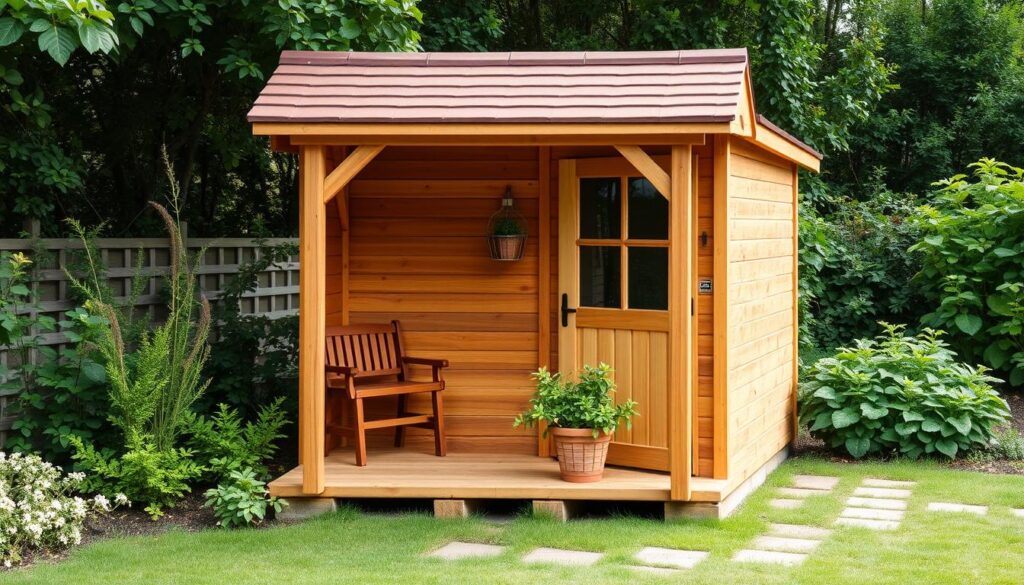 Générez une image d'un petit abri de jardin en bois sur une fondation légère
