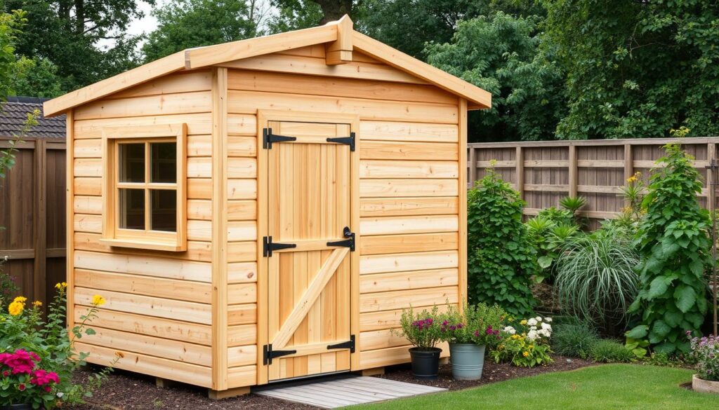 Générez une image d'une cabane de jardin en bois avec des matériaux de construction
