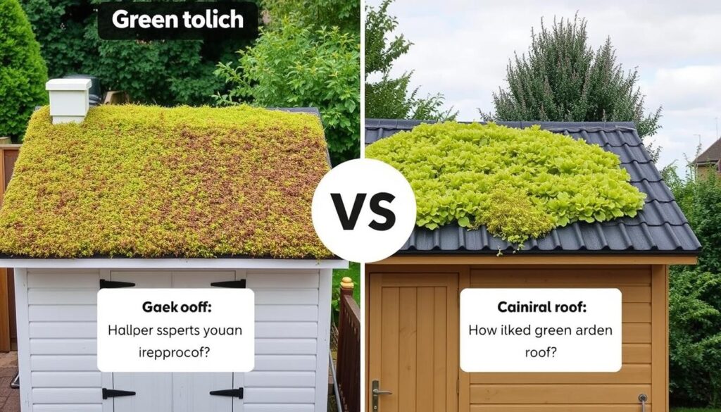 Image comparant un toit végétalisé et un toit traditionnel pour abri de jardin