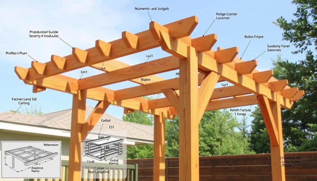 Image de pergola en bois avec un plan de construction