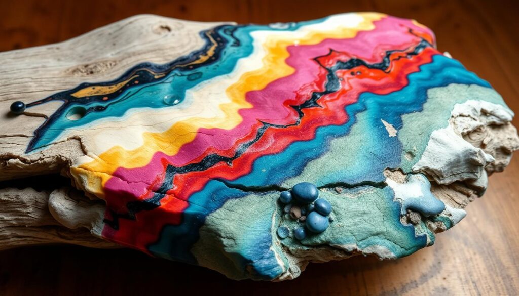Image de résine époxy appliquée sur du bois flotté