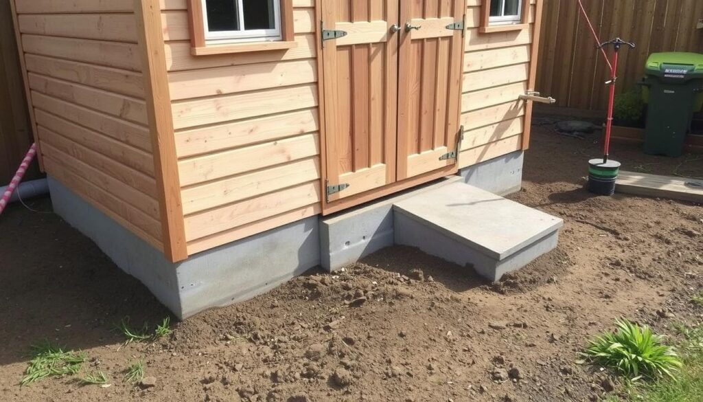 Image d'installation de plots béton pour abri de jardin