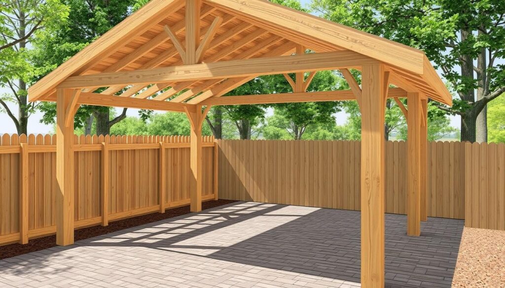 Image d'un carport bois adossé avec un plan de construction