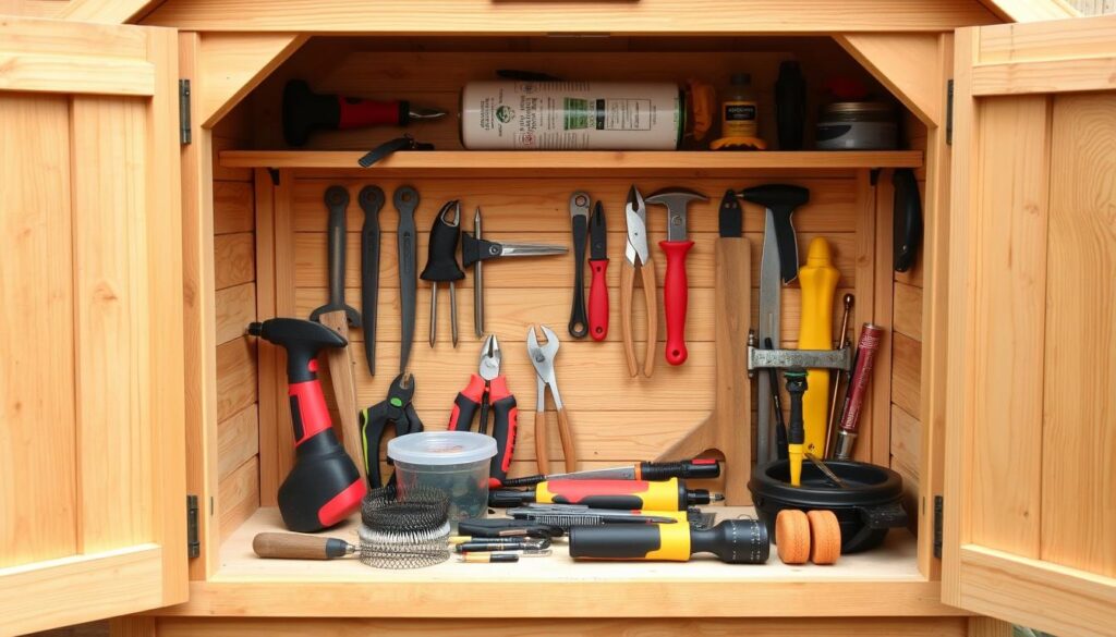 Image d'une boîte à outils bien organisée pour la construction d'une cabane de jardin en bois.