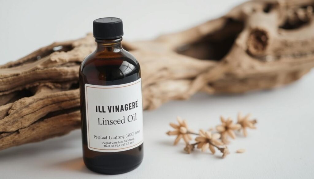 Image d'une bouteille d'huile de lin à côté d'un morceau de bois flotté