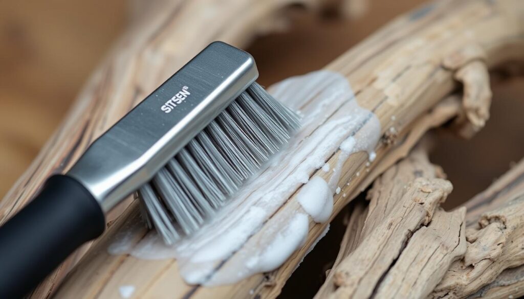Image d'une brosse métallique utilisée pour nettoyer le bois flotté