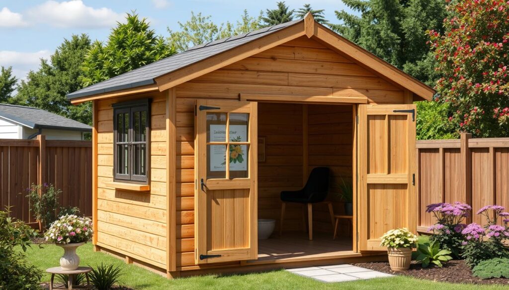 Image d'une cabane de jardin en bois avec un plan d'architecture
